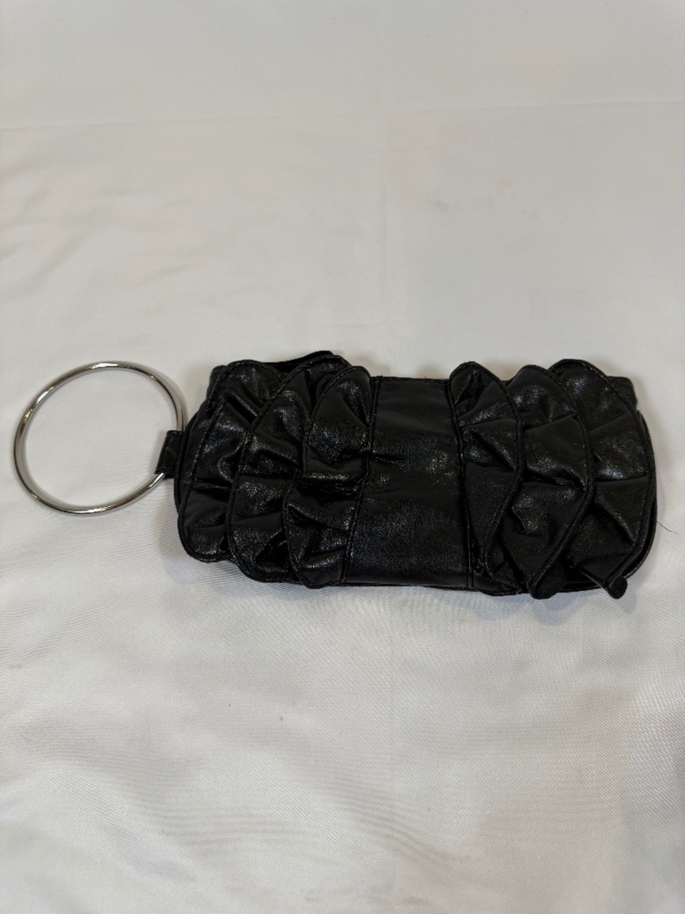 Black Ruffle Clutch Wristlet Silver Ring Handle Y2K Evening Bag
